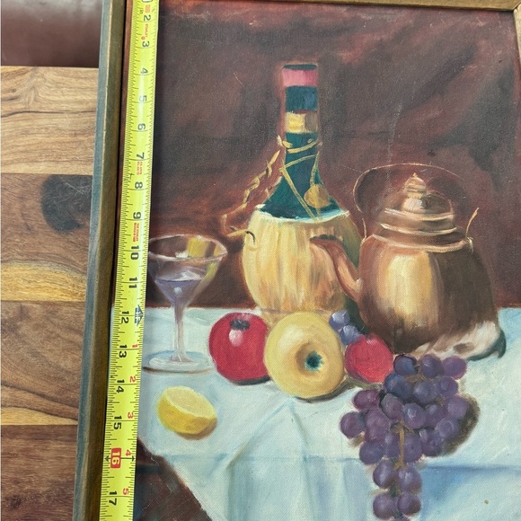 Vintage 1989 Still Life Painting Fruit and Italian Wine Decanter & Kettle - Picture 9 of 13